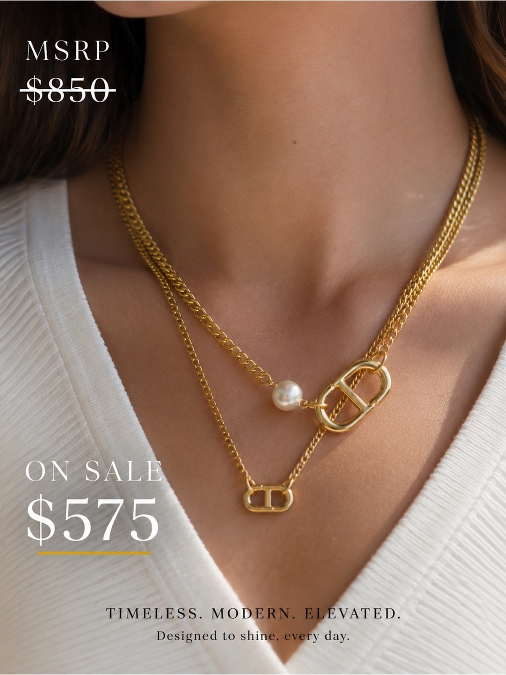 Gold Pearl Toggle Link Necklace - Designer Women’s Jewelry